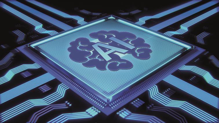 Počítačový čip s nápisem AI a symbolem mozku napojený na svítící obvody jako symbol umělé inteligence