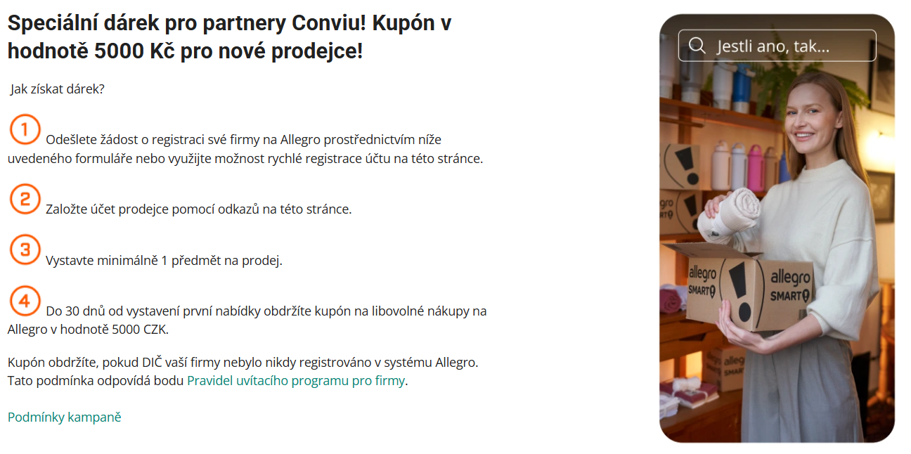 Informace o bonusovém kupónu 5000 Kč od Conviu pro nové prodejce na Allegru s návodem ve čtyřech krocích.