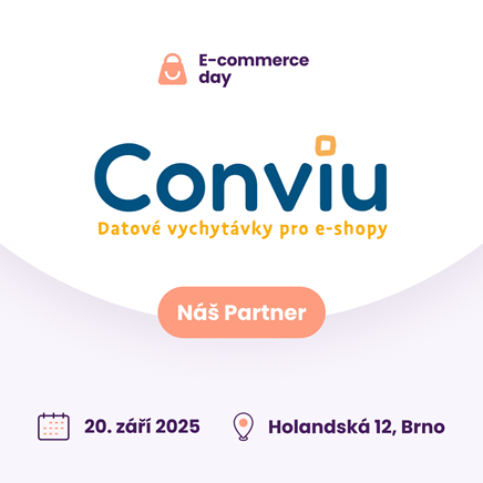 Pozvánka na E-commerce day 20. září 2025 na Holandské 12 v Brně, kde je Conviu uvedeno jako partner