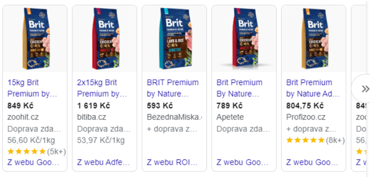 Výsledky Google Nákupů s nabídkami krmiva Brit Premium od různých e-shopů včetně cen, dopravy a hvězdičkového hodnocení.