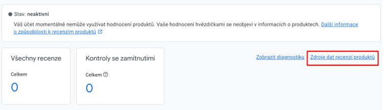 Přehled recenzí produktů v Google Merchant Center se stavem neaktivní a odkazem Zdroje dat recenzí produktů.