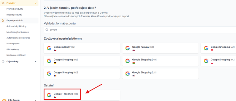 Výběr formátu exportu v Conviu s vyhledáním Google a zvýrazněnou volbou Google – recenze.