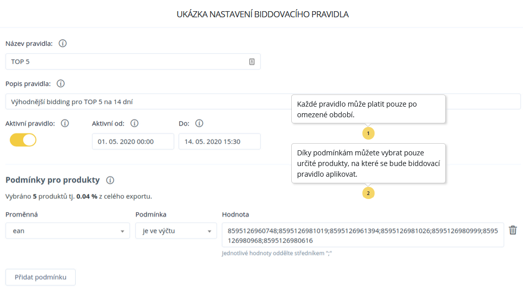 Ukázka nastavení biddovacího pravidla v Conviu – pole Název TOP 5, aktivní období a podmínka pro výběr 5 produktů podle hodnot EAN.