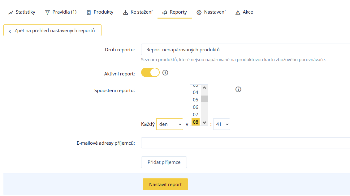 Sekce Reporty v Conviu – nastavení reportu nenapárovaných produktů s plánovaným denním spouštěním a polem pro e-maily příjemců.