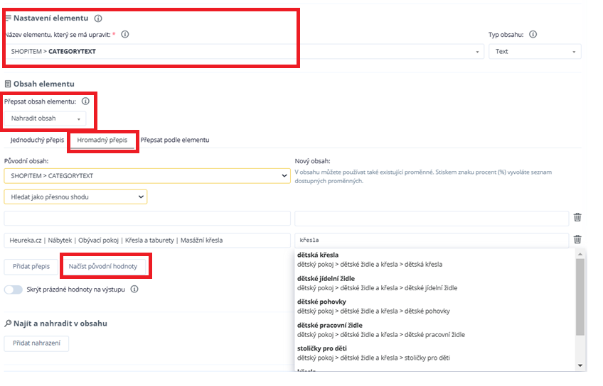 Hromadný přepis hodnot elementu CATEGORYTEXT v Conviu pro mapování kategorií na Favi