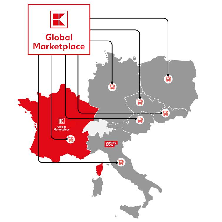 Mapa Evropy s vyznačenými trhy Kaufland Global Marketplace, kde je Francie červeně zvýrazněna a Itálie označena Coming soon