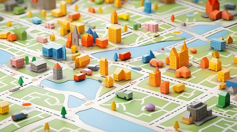 Barevná stylizovaná 3D mapa města s budovami, ulicemi a řekou ilustrující lokální SEO a místní vyhledávání