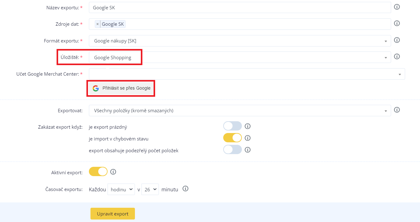Nastavení exportu Google nákupy [SK] v Conviu s úložištěm Google Shopping a tlačítkem Přihlásit se přes Google