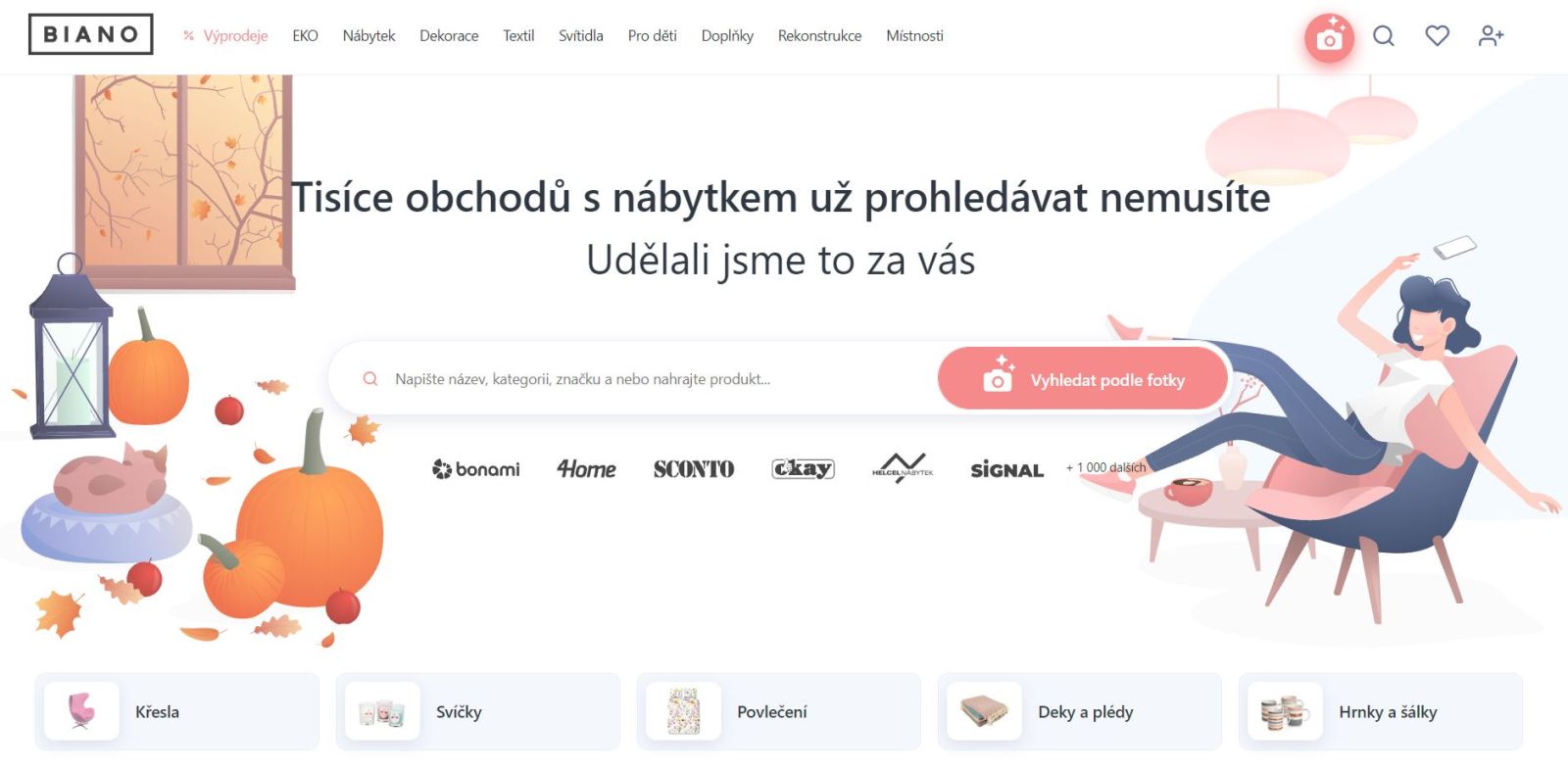 Úvodní stránka zbožového srovnávače nábytku Biano s vyhledávacím polem, tlačítkem Vyhledat podle fotky a logy obchodů Bonami či Sconto.